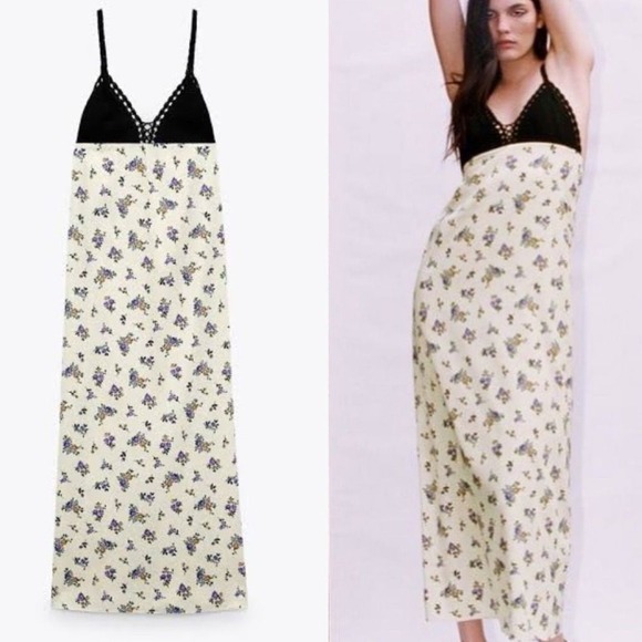 Zara Dresses & Skirts - Zara Crochet Satin Maxi Slip Dress Black Cream Lavender Floral Boho Festival‎ S